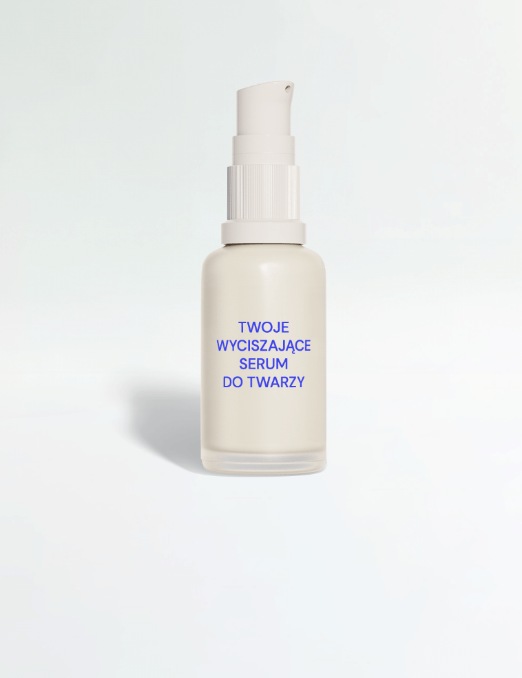 White pump bottle labeled 'Your Calming Face Serum' for sensitive skincare solutions