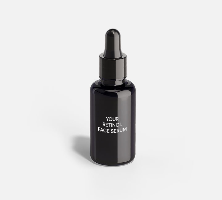 Private Label Retinol Face Serum in violet glass bottle.